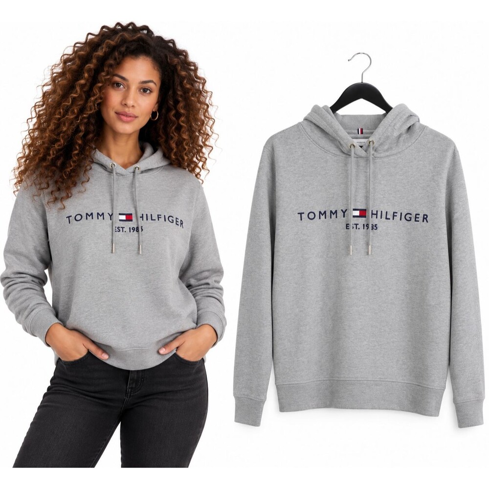 Tommy Hilfiger Hoodie Pullover Sweatshirt Size Medium Women Gray EST 1985 Logo